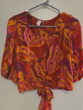 Joie Tie-Front Printed Crop Top Flowy Chiffon Cover Up Colourful